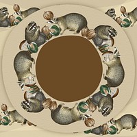 Raccoon pattern circle frame vector eating nuts in a nest