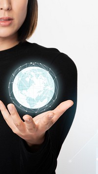 Woman holding a digitally generated globe