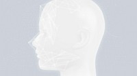 Robotic AI head with hologram network connection smart technology blog banner background