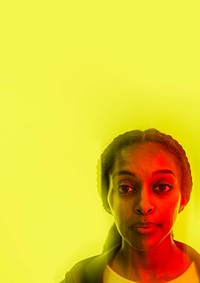 Cyborg woman artificial intelligence on yellow laminate background