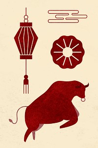 2021 Chinese New Year psd Ox red illustration set