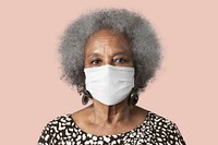 Elderly woman wearing mask psd mockup for Covid-19 prevention campaign