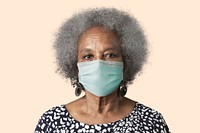Mature woman wearing mask psd mockup for Covid-19 prevention campaign