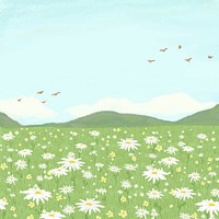 Blooming daisy field vector background with mountain social media post
