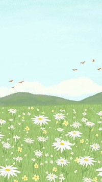 Blooming daisy field vector background with mountain social media story