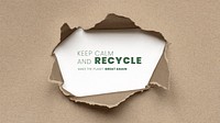 Keep calm and recycle text on ripped brown paper craft background