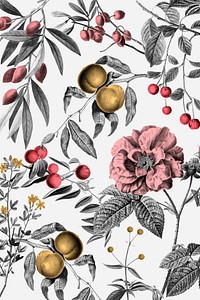 Vintage rose pattern pink botanical and fruits illustration