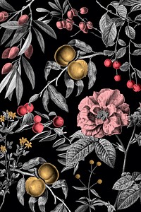 Elegant rose floral pattern vector pink fruits vintage illustration