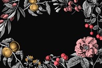 Rose frame vintage floral illustration and fruits on black background