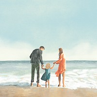 Family at beach background vector color pencil illustration