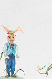 Easter bunny background with little bird watercolor illustration