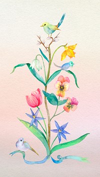 Easter spring flowers design element with little bird watercolor illustration