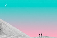 Creative background of mountain with pastel sky and people hiking