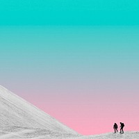 Creative background of mountain with pastel sky and people hiking