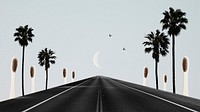 Abstract background  of road to the moon lined with palm trees and toothbrushes mixed media