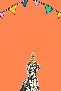 Cute birthday orange background vector with vintage greyhound dog in party cone hat