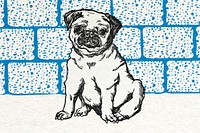 Cute pug dog vector vintage illustration on blue brick wall