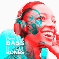 Woman listening to music with wireless headphones in double color exposure effect