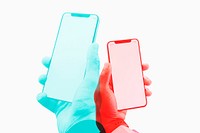 Smartphones with blank screens psd in double color exposure effect