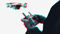 Hand controlling drone in double color exposure effect