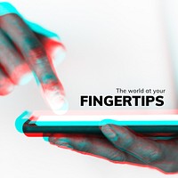 Hand and futuristic smartphone vector editable template in double color exposure effect