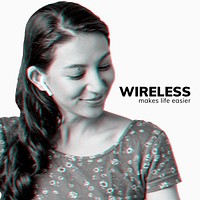 Woman listening to music through wireless earphones in double color exposure effect