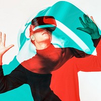 Man wearing VR headset entertainment technology in double color exposure effect