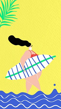 Summer background vector with woman holding surfboard mixed media