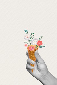 Hand holding floral cone background, remixed from artworks by Pierre-Joseph Redout&eacute;