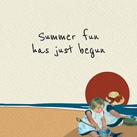 Summer template psd with children playing on the beach, remixed from artworks by Mary Cassatt