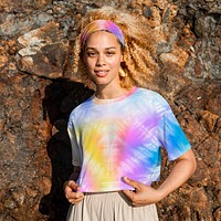 Woman in a colorful tie dye t shirt outdoor shoot