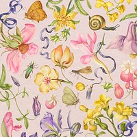 Colorful vintage floral pattern on pink background, remixed from artworks by Pierre-Joseph Redouté