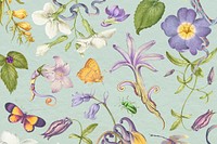 Beautiful purple floral pattern on green background, remixed from artworks by Pierre-Joseph Redout&eacute;