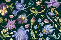 Aesthetic purple floral pattern on dark background, remixed from artworks by Pierre-Joseph Redout&eacute;
