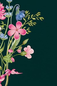 Green vintage floral background with pink flower, remixed from artworks by Pierre-Joseph Redouté