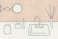 Bathroom sink doodle with pink tiled wall home interior illustration
