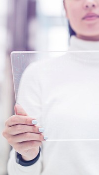Scientist using transparent tablet advanced technology innovation digital remix