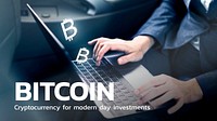 Bitcoin financial technology with businesswoman using laptop background