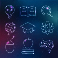 Education technology neon icons digital and science graphic set