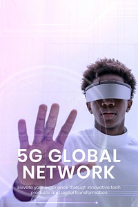 5G global network template vector with man wearing smart glasses background