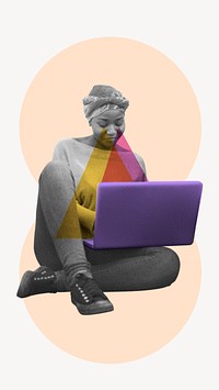 Woman using laptop phone wallpaper, education psd