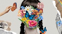 Abstract floral woman background, surrealism collage art psd