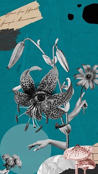 Vintage surrealism collage mobile wallpaper, creepy flower design psd