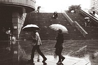 Monochrome rainy day background, people photo