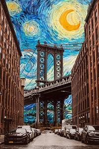 Brooklyn bridge background, Starry Night mixed media, remixed by rawpixel psd