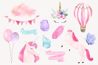 Aesthetic feminine sticker, watercolor design vector set