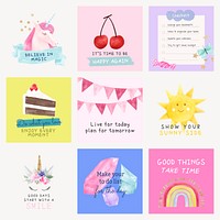 Cute Instagram post template, watercolor design vector set