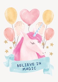 Cute unicorn poster template, watercolor design vector