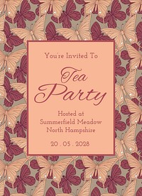 Tea party invitation card template, vintage butterfly pattern vector, famous Maurice Pillard Verneuil artwork remixed by rawpixel