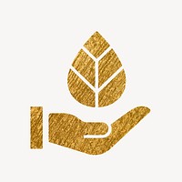 Hand presenting leaf gold icon, glittery design  psd